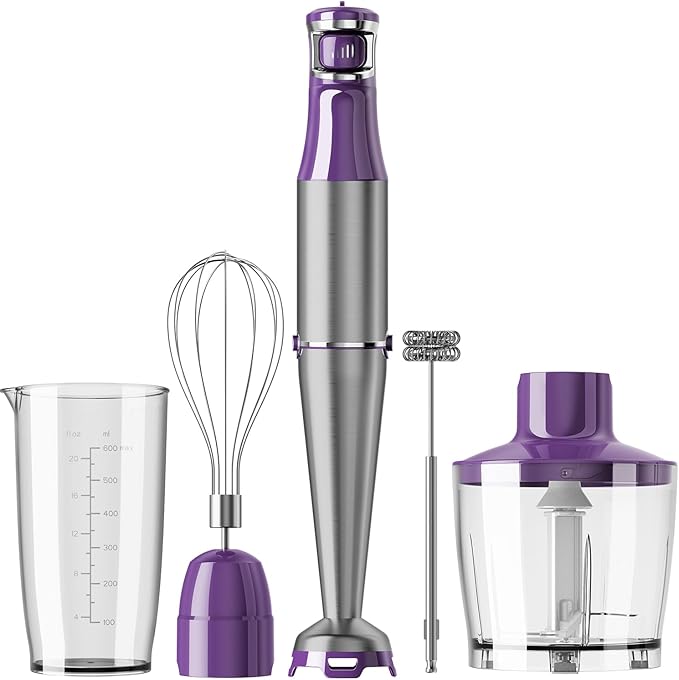 Immersion Blender Handheld Corded Hand Blenders Set 1100W, Trigger Variable Speed 5 in 1 Stick Emulsifier with Chopper, Whisk and Frother for Soup, Baby Food and Smoothies, Purple