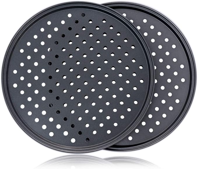 Pizza Pan With Holes, 2 Pack Carbon Steel Perforated Non-Stick Tray Tool Crispy 12inch Round for Home Kitchen