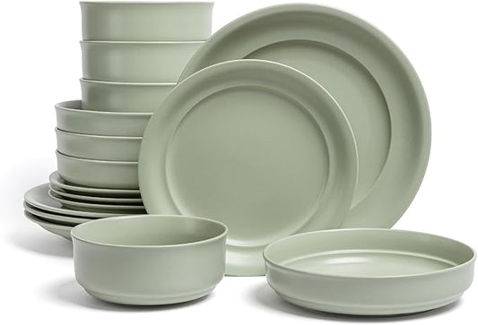 over&back Rim Dinnerware Set - Stoneware Dishes - Comes with 4 Dinner Plates, Salad Plates, Cereal Bowls, and Dinner Bowls - 16-Piece All-Occasion Place Settings - Serves Four - Semi-Matte Sage