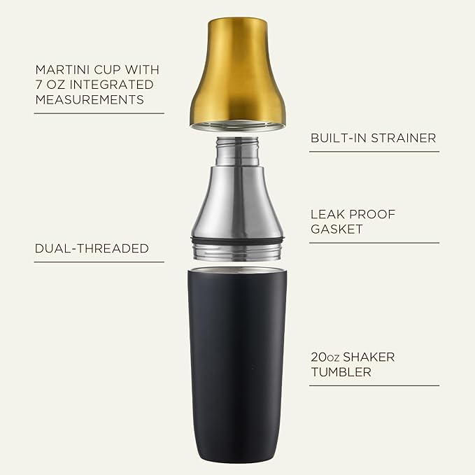 Kitessensu Hybrid Cocktail Shaker | Vacuum Insulated Stainless Steel Martini Shaker with Double Wall Martini Cup | Integrated Measuring System | Tumbler Lid & Cocktail Recipes Included | Crown