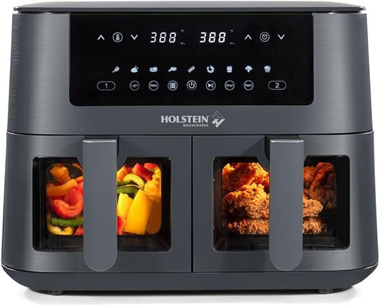 Holstein Housewares 8.4 QT Dual Basket Digital Air Fryer with LED touchscreen – Family Size Viewing Windows, Air Technology for Less Oil Use, Fry, Bake, Grill Roast, 8-in-1 Appliance