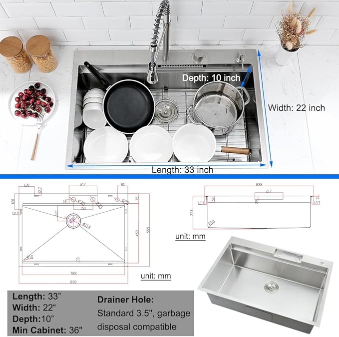 33 Inch Drop In Waterfall Kitchen Sink, 33x22 Drop in Kitchen Sink Waterfall Single Bowl Workstation 16 Gauge Stainless Steel Topmount Large Sinks with Faucet Combo