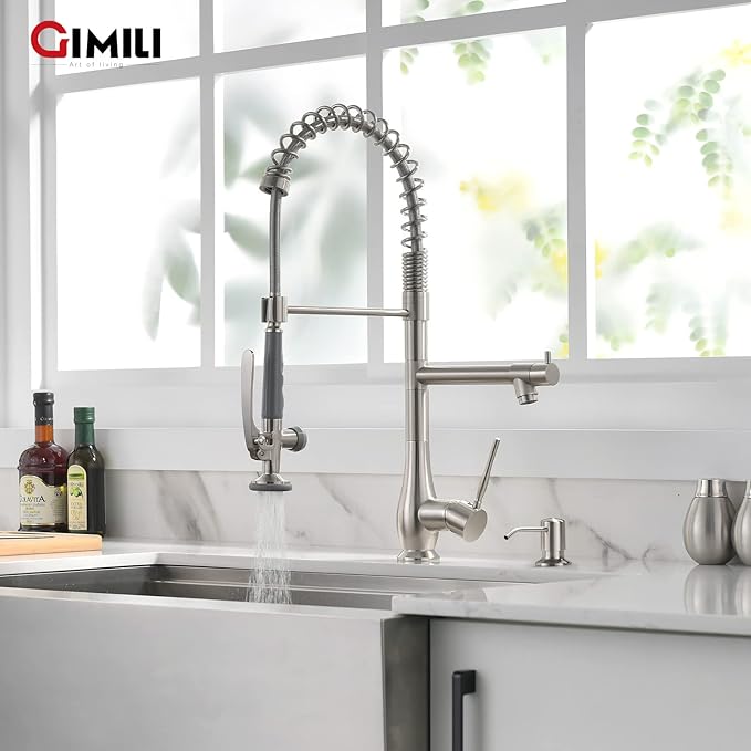 GIMILI Commercial Kitchen Faucet with Pull Down Sprayer, Double Headed Single Handle High Pressure Kitchen Faucet with Soap Dispenser Brushed Nickel