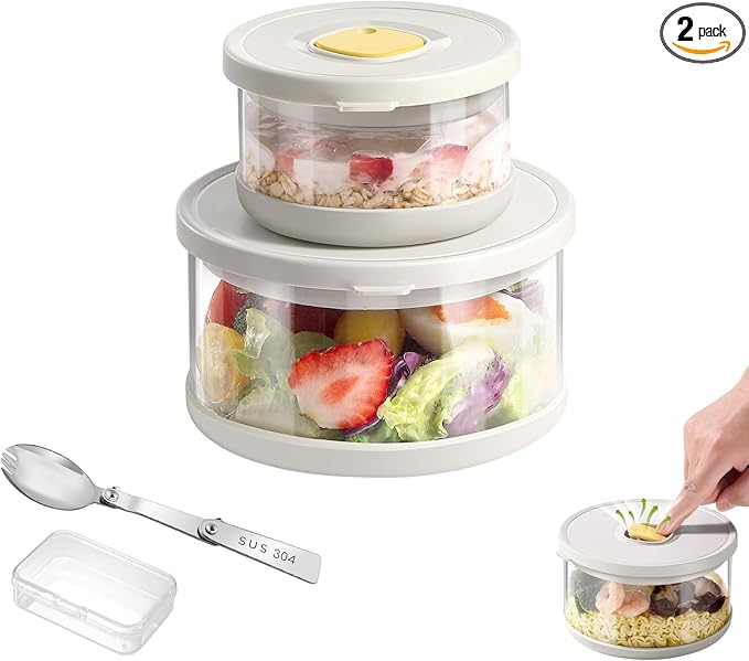Glass Food Storage Containers with Airtight Lids, 33.8oz & 11.8oz High-Borosilicate Glass Meal Prep Containers with Spork, Bento Lunch Boxes for Salad, Ramen, Soup, Fruit - 2 Pack, White