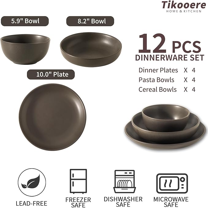 Dinnerware Sets, Stoneware Plates and Bowls Sets, Farmhouse 12 Piece Dish Set for 4, Ceramic Plates Set for Kitchen, Scratch Resistant, Dishwasher & Microwave Safe, Matte Black