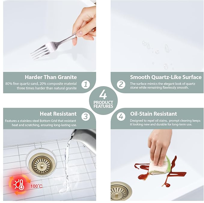 Kichae 30 Granite Composite Kitchen Sink White - 30" x 19" Granite Composite Kitchen Sink Undermount Workstation Under Counter Quartz Single Bowl Sink Basin