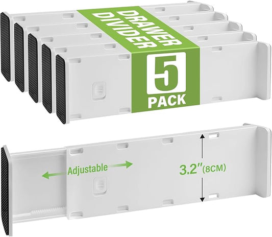 5 Pack Drawer Dividers 3.2" High Slim Organizers Expandable 10.8-17.9" Adjustable Separators for Shallow Drawers Kitchen Utensils Baby Clothes Underwear Storage-White(Short)