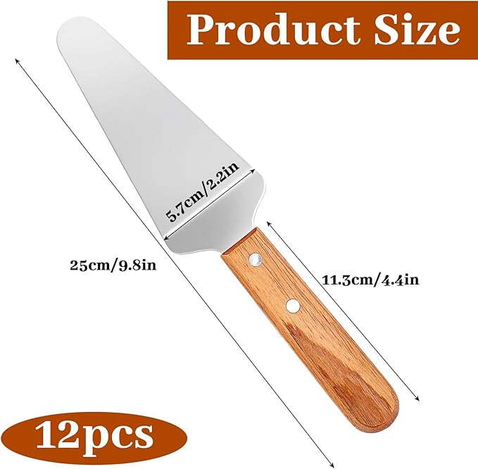 12 Pcs Stainless Steel Pizza Servers with Wooden Handle, Pie Servers Spatula, Triangular Spade Pastry Spatula for Pizza, Pie, Cake, Dessert