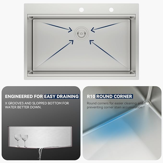 LORDEAR 30x22 Inch Drop In Kitchen Sink Stainless Steel Workstation Kitchen Sinks 16 Gauge Single Bowl Sink with Ledges 30 inch Topmount Kitchen Sinks Round Corners