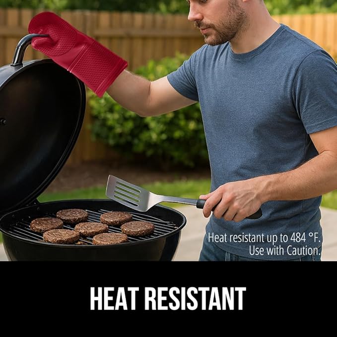 GORILLA GRIP BPA-Free Soft Silicone Oven Mitts, Heat Resistant and Waterproof Cooking Gloves, Thick Cotton Lining, Flexible Gripping for Baking Grilling, Kitchen Potholders Set of 2, 12.5x8.3, Red