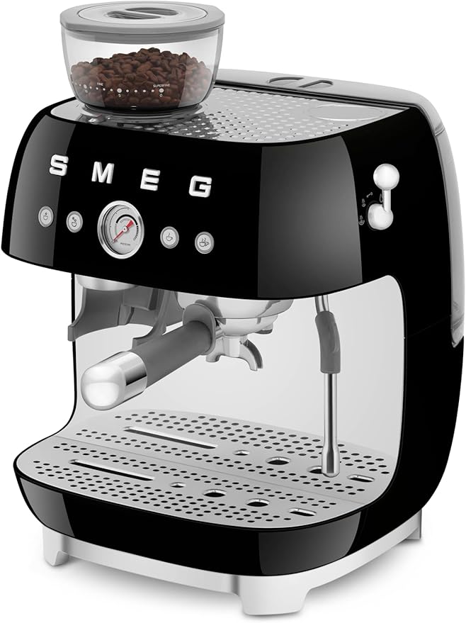 Smeg EGF03 Semi-Automatic Espresso Machine with Built-In Grinder, Dual Thermoblock, 50’s Retro Style – Black (120 V)