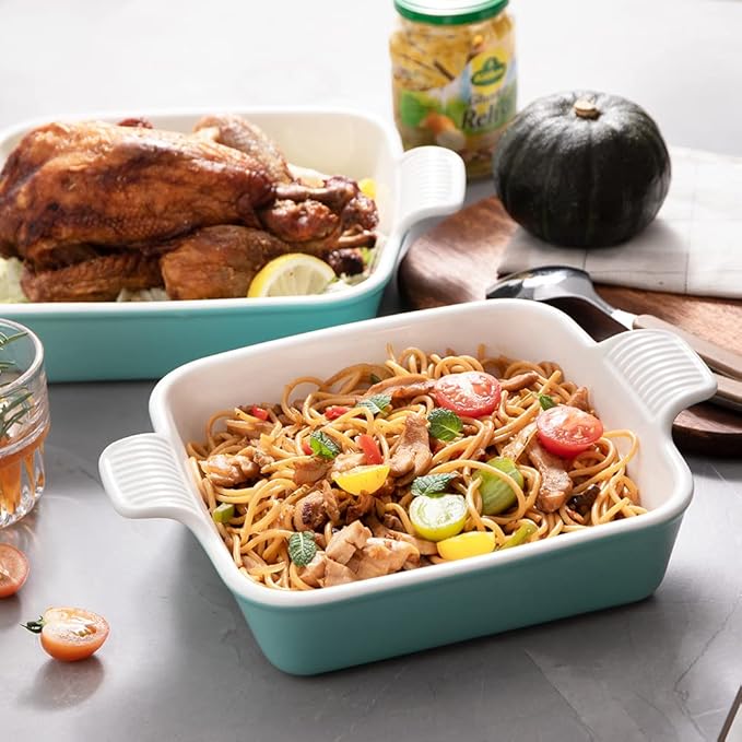 Sweejar Ceramic Baking Dish, 8 x 8 Cake Baking Pan for Brownie, Porcelain Square Bakeware with Double Handle for Casserole, Lasagna, Family Dinner (Dark Turquoise)