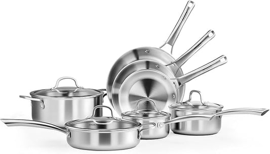 ROVSUN 11-Pcs Stainless Steel Cookware Set, Tri-Ply Pots and Pans Set with Lids, Full Clad Stainless Steel, Non-Toxic Kitchen Set, PFOA & PTFE Free, Compatible for All Cooktops