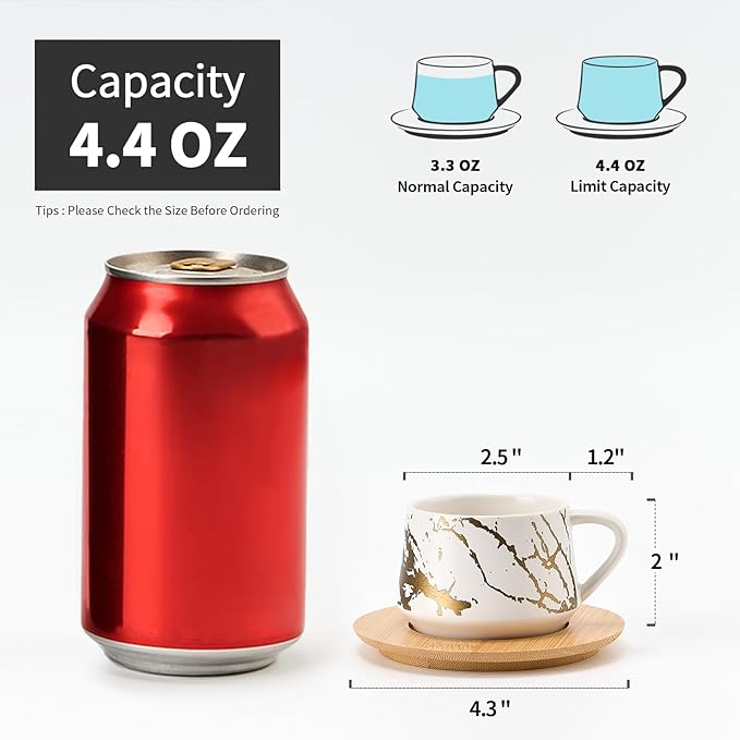 LUKA Ceramic Espresso Cups with Saucers and Metal Stand, Small 4 oz Porcelain Demitasse Cups Set of 6, Cute Cappuccino Coffee Cups for Double Espresso, Tea, Marbling White