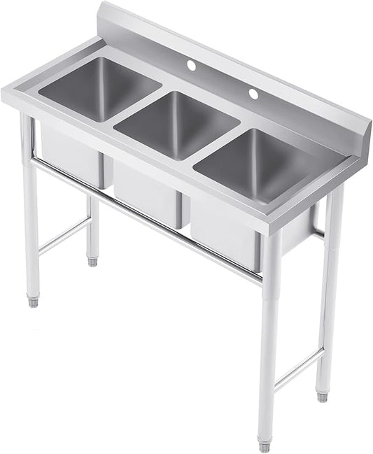WILPREP Stainless Steel 3 Compartment Commercial Sink with s, Kitche Station with 11x10 Inch Basins, Utility Sink for Restaurant Bar Home Laundry Room Garage