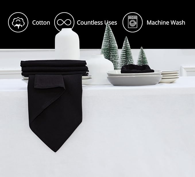 PurpleEssences Set of 12 Cloth Dinner Napkins 100% Cotton 18x18 Inch - Soft Durable Washable - Ideal for Farmhouse Party Christmas Holiday Winter - Perfect Everyday Use Table Linen - Black