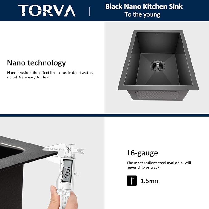 TORVA 15 x 17 Inch Gloss Black Ceramic Coating with NanoTek Undermount Kitchen Sink, PVD Coated Gunmetal Sink16 Gauge Stainless Steel Wet Bar or Prep Sinks Single Bowl, Fits 18" Cabinet,Dark Gray