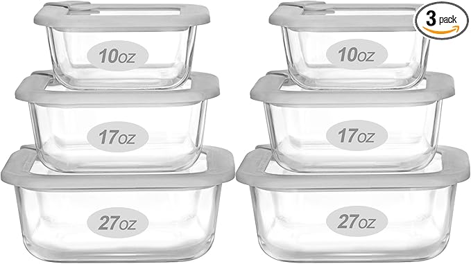 Glass Food Containers with Glass Lid, Microwave Safe Food Storage Container Set, 6 Pack Square Shape, Large Size Airtight Storage Set with Leak Proof Lids, Meal Prep Containers