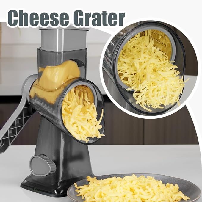KEOUKE Rotary Cheese Grater Hand Crank Transparent - Shredder Slicer Grinder 3 Stainless Steel Blades, Stable Suction, Labor-Saving Handle, Safe Kitchen Tool for Cheese, Vegetable, Nuts, Chocolate