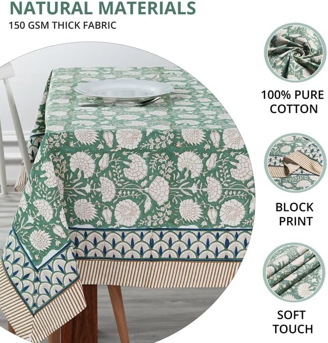 Ridhi -Turquoise Moss Green Cotton Tablecloth, Handblock Print Floral Table Cloth for Kitchen Dining Linen I Thanksgiving, Christmas, Wedding, Fall Décor 12 Seater 72X140 Inches Rectangle