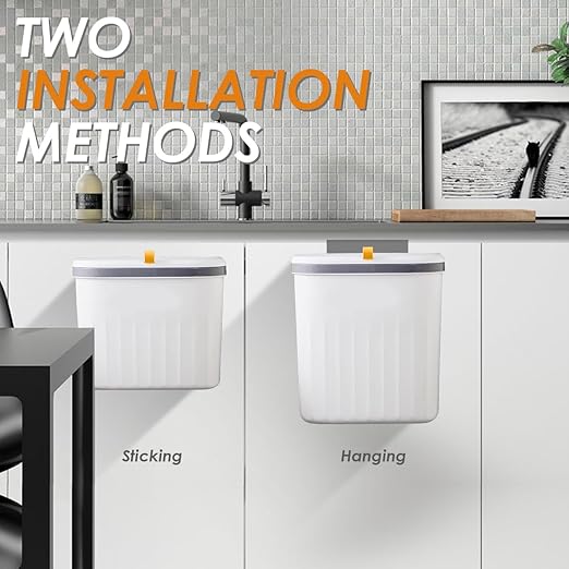 3.3+2.6 Gallon Kitchen Compost Bin for Counter Top or Under Sink, 2-in-1 Combo Pack Kitchen Hanging Trash Can Set with Lid, Plastic Wall-Mounted Garbage Can for Cupboard, Office