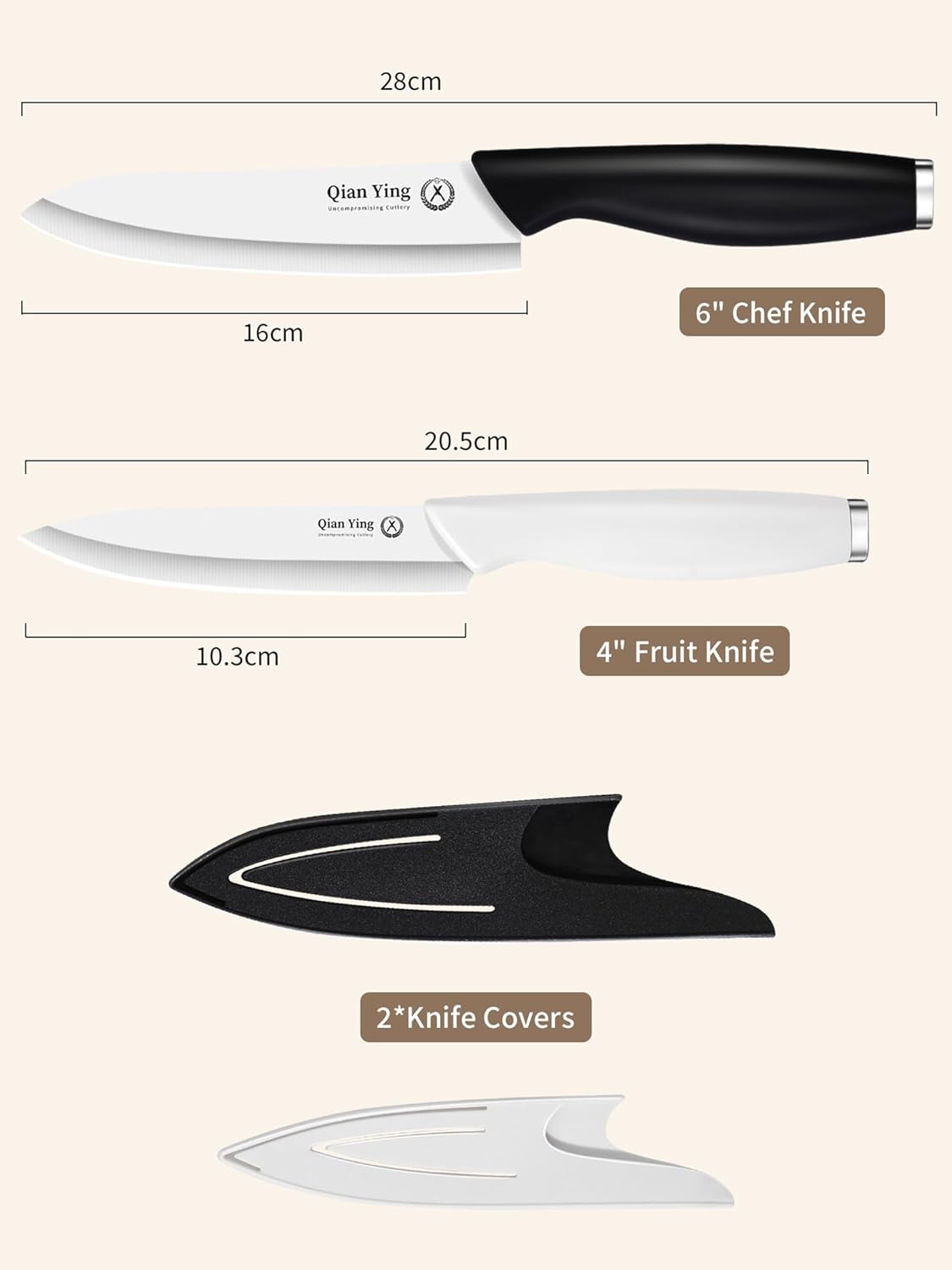 Ceramic Knife Set for Kitchen with Sheath: 100% Zirconia Pure Ceramic Sharp Blade Fruit Cutting Knives 2Pcs with Cover Rustproof Clean Cut Edge White and Black, No Scratches on Titanium Cutting Boards