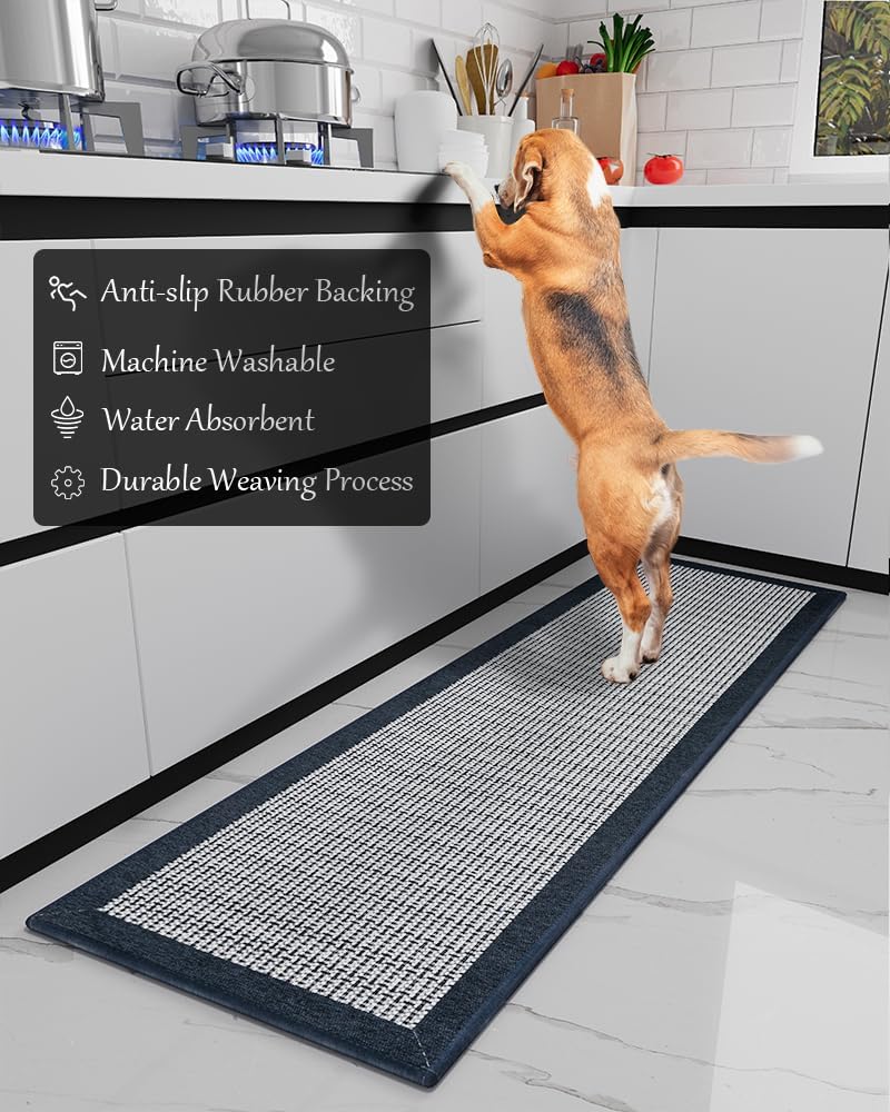 PADOOR Kitchen Mats for Floor, Non Slip Washable, Rubber Backed Kitchen Runner Super Absorbent Floor Mat Sink Rug, 20'x47' Blue