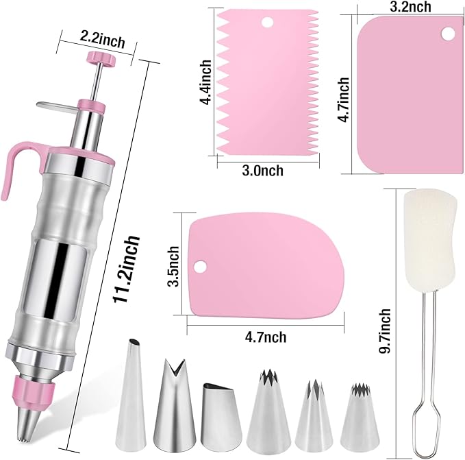 Dualshine Pink Cake Decorating Kit - 6 Russian Piping Icing Nozzles, 3 Cream Scrapers, Stainless Steel Cupcake Frosting Filling Injector