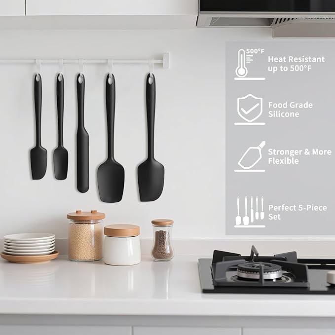 Coukre Silicone Spatula Set of 5,High Heat Resistant, Food Grade Silicone, Upgraded Extended Reinforced Handle,Dishwasher Safe, for Baking, Cooking (Pure Black, Solid color)