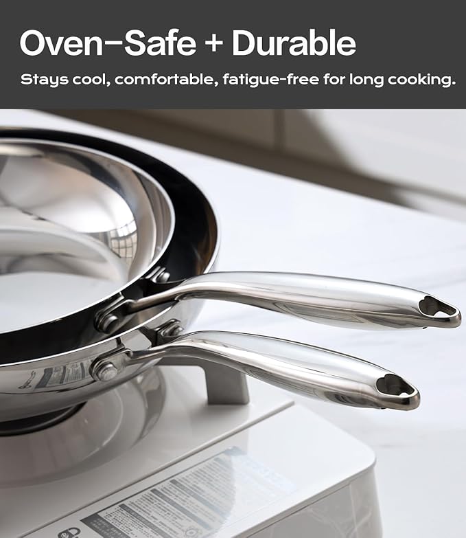 Stainless Steel Frying Pan Sets 6 Piece 8, 10 & 12 Inch with Lids, Oven & Dishwasher Safe Fast and Even Heating Stay Cool Handles Non-toxic PFOA Free Stir Fry Pan Skillets Sets