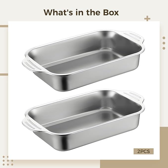 2 Pcs Stainless Steel Cake Pans, Rectangle Sheet Pans with Handles for Baking, Shallow Thickened Design, Easy-Clean Nonstick Pans for Oven Use, Ideal for Roasting and Cooking