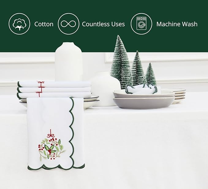 PurpleEssences Scalloped Embroidery Cloth Napkins Christmas Holiday Winter Table Decor 100% Cotton Set of 4-18 x 18 inch - White - Edges - Forest Green - Christmas Wreath