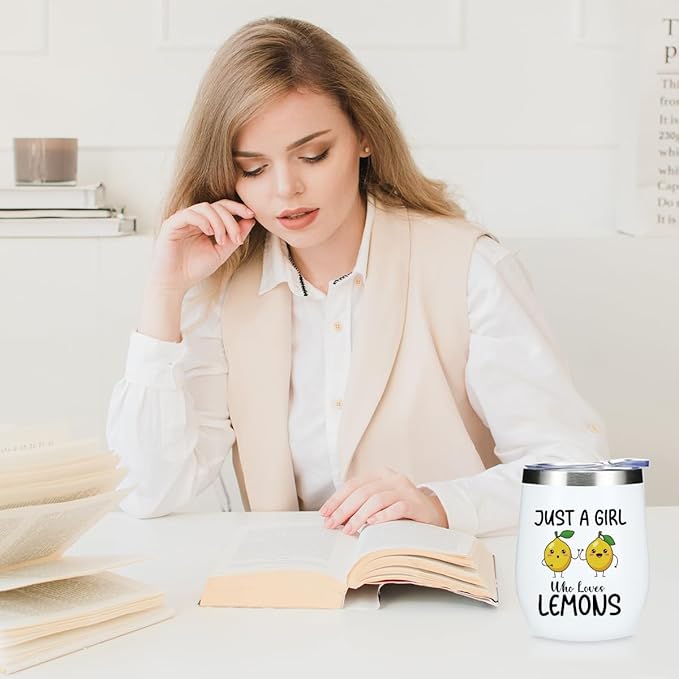 Funny Lemon Gifts, Cute Lemon Lovers Gift, Wine Tumbler Insulated Wine Glasses 12 oz Tumbler with Lid for Women Fruit Lover Girls Bestie Daughter Best Friend Sister Birthday Friendship Christmas