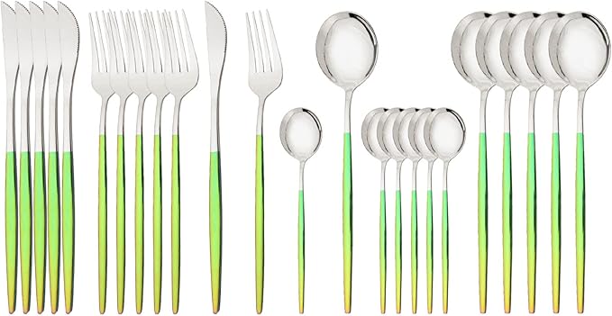 JASHII Flatware Set 24 Piece, Stainless Steel Silverware Set, Macaron Small Fresh Color Cutlery Set, Modern Elegant Tableware Set for Party, Christmas, Dinner (Rainbow Silver)