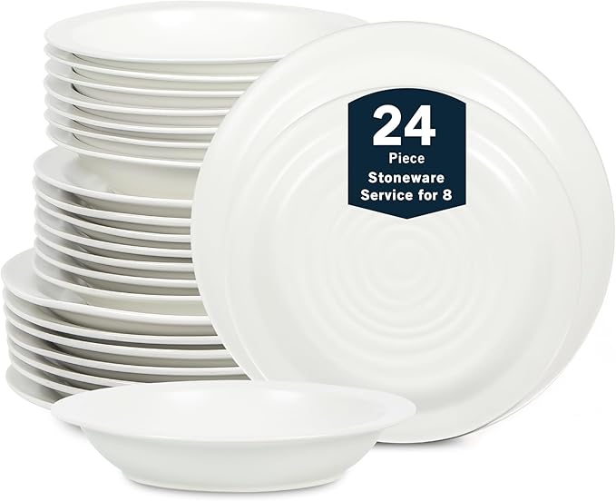 Stone Lain Orbit 24-Piece Dinnerware Set Stoneware, Plates and Bowls Set, Pasta Bowls, Microwave and Dishwasher Safe, Dish Set for 8, White