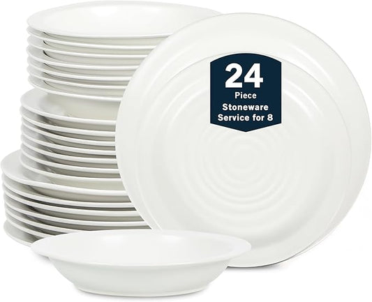 Stone Lain Orbit 24-Piece Dinnerware Set Stoneware, Plates and Bowls Set, Pasta Bowls, Microwave and Dishwasher Safe, Dish Set for 8, White