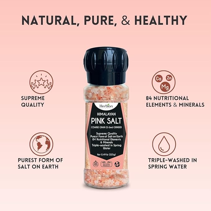 Herbion Naturals Himalayan Pink Salt Grinder Coarse Grain, 100% Pure with 84 Minerals for Seasoning, Refillable, Organic, All-Natural Salt, Triple-Washed in Spring Water, Vegan, Kosher Certified, Pack of 3