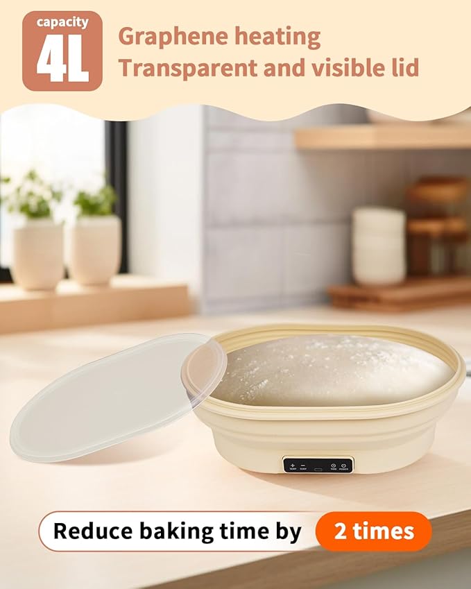 4L Heating Bread Proofing Basket Set Foldable Thermostatic Silicone Bowl with 77-122℉ 6 Gears Temperature & 6H Timer, for Artisan Baking Sourdough Starter Bread Making Supplies Tools Kit