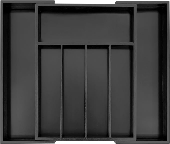 VaeFae Bamboo Drawer Organizer, Expandable Silverware Drawer Organizer, Cutlery Tray with Dividers for Kitchen Utensils (Black, Medium)