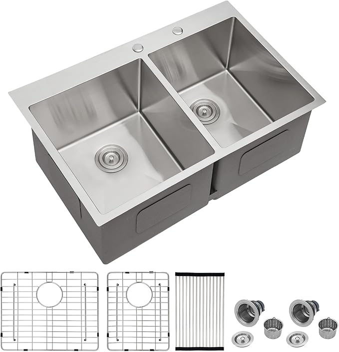 Mocoloo 33 Drop In Kitchen Sink Double Bowl 33 x 22 Drop Sink Double Bowl 60/40 T304 Stainless Steel 16 Gauge Topmount Handmade, 10 Inch Deep