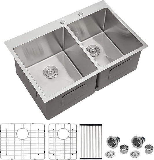 Mocoloo 33 Drop In Kitchen Sink Double Bowl 33 x 22 Drop Sink Double Bowl 60/40 T304 Stainless Steel 16 Gauge Topmount Handmade, 10 Inch Deep
