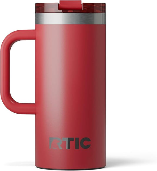 RTIC 16oz Road Trip Travel Mug with Lid and Handle, Ceramic Lined, Insulated, Stainless Steel, Metal, Double Wall Vacuum-Insulation, Portable Coffee, Tea Cup for Hot and Cold Drink, Flag Red