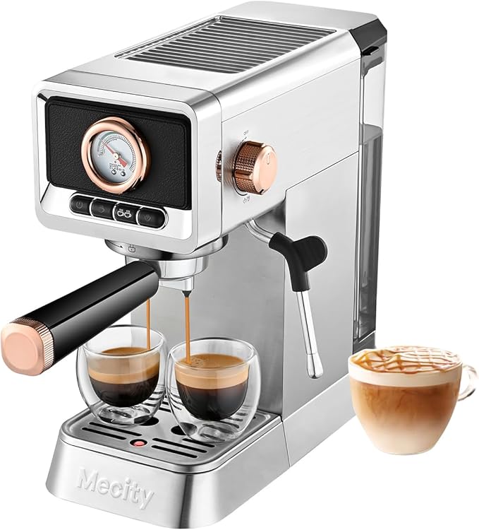 Mecity 20 Bar Espresso Machine with Milk Frother, Brushed Stainless Steel Shell, 37 fl.Oz Water Reservoir, Coffee Maker For Espresso, Latte, Mocha, Americano. 1400W