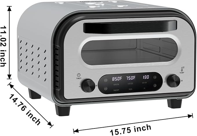Electric Pizza Oven Indoor 1700W Countertop Pizza Maker Fast Heating up to 850°F Touchscreen 6 Preset Modes Adjustable Timer & Temp Knobs Used for Commercial & Home Kitchen in Silver