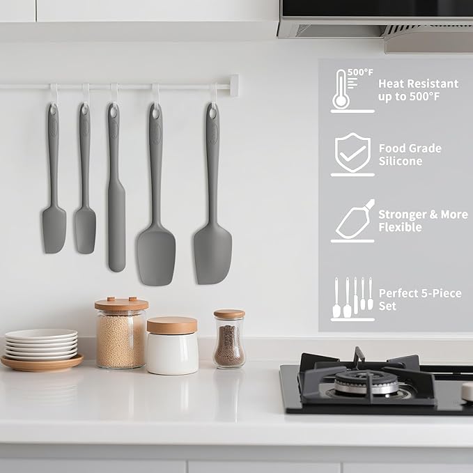Coukre Silicone Spatula Set of 5,High Heat Resistant, Food Grade Silicone, Upgraded Extended Reinforced Handle,Dishwasher Safe, for Baking, Cooking (Pure Gray, Solid color)