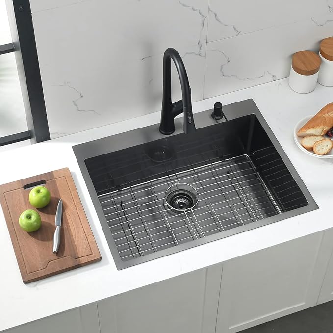 28 Inch Drop In Black Stainless Steel Kitchen Sink, Doirteal 28 x 22 x 10 Inch Matte Black Kitchen Sink 16 Gauge Stainless Steel Topmount Single Bowl Sink Single Basin with Bottom Grid