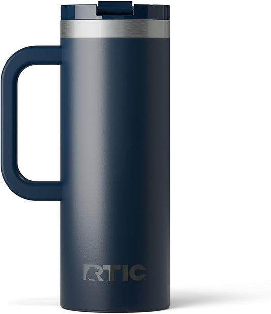 RTIC 20oz Road Trip Travel Mug with Lid and Handle, Ceramic Lined, Insulated, Stainless Steel, Metal, Double Wall Vacuum-Insulation, Portable Coffee, Tea Cup for Hot and Cold Drink, Navy