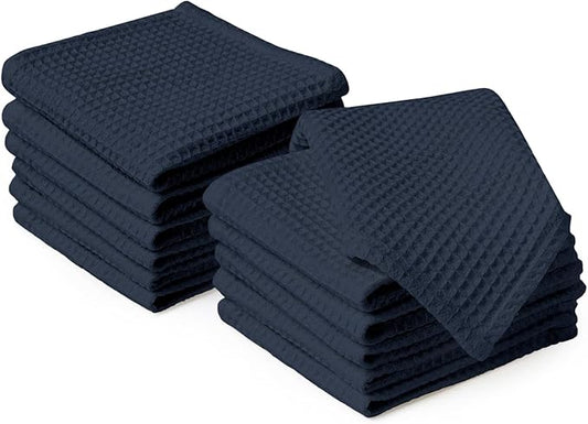 Encasa XO' Waffle Weave Face & Hand Towels – 12"x12", Navy Washcloths Set of 12 – Quick Drying for Bathroom, Gym, Kitchen & Travel – Small Reusable Dish Cloths & Face Wipes for Everyday Use