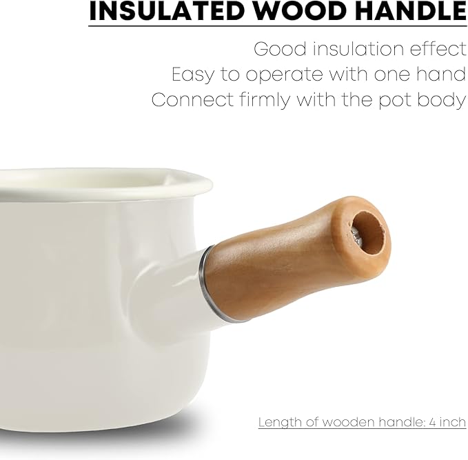 0.6qt Mini Enamel Milk Pot Insulated Wooden Handle 2 Pour Spouts Small Food Warmer Cute Saucepan(D015,White)