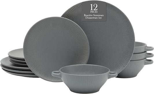 Gibson Elite Clover Hill 12-Piece Stoneware Dinnerware Set – Dark Blue Embossed Plates and Bowls with Matte Speckled Reactive Glaze, Service for 4 – Microwave & Dishwasher Safe
